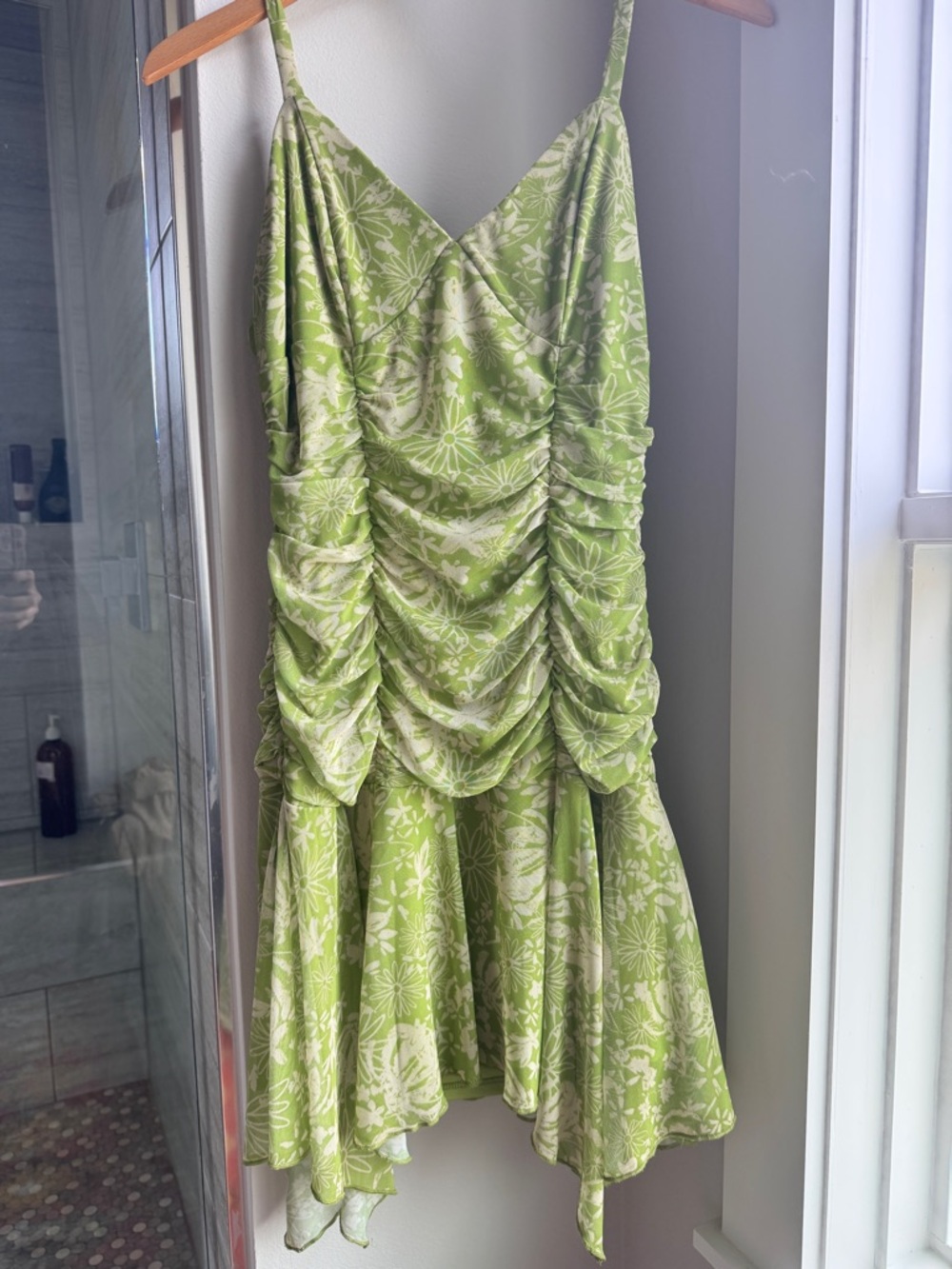Y2K Lime Green Floral Ruched Mini Dress Fairycore Coquette Slip Dress
